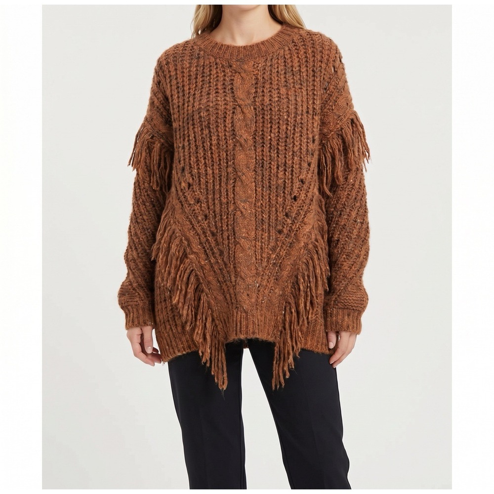 Anthropologie Women's Marled Fringe Poncho ONESIZE Bronze Knit‎ Frontier